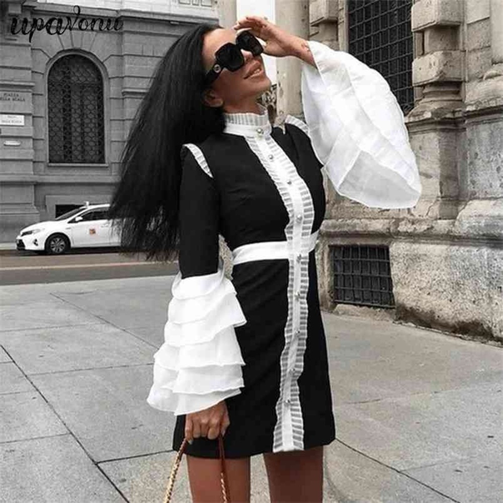 Black and White Ruffled Statement Dress with Tiered Sleeves